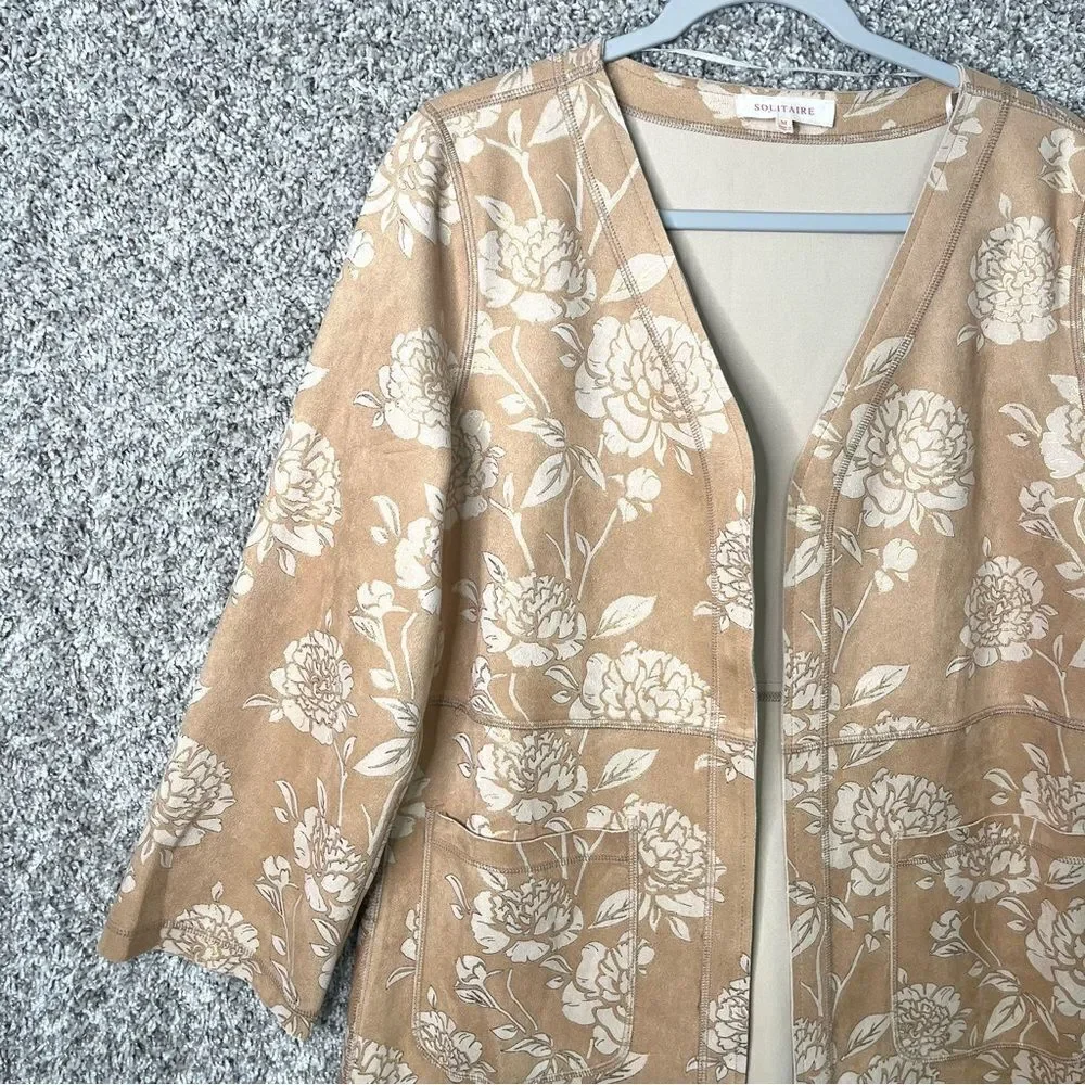 Solitaire Jacket Women's Medium Tan Rose Floral Print Open Front‎ Lightweight